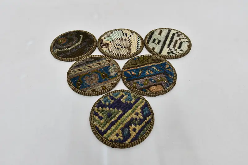 Bohemian Blue and Beige Round Coasters, Stylish Ethnic Coasters