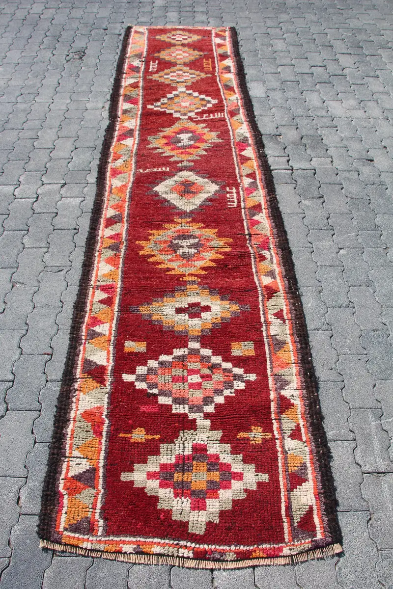 Vintage Runner Rug 2.7x11.5 ft (81x350 cm), Herki Red Floral Turkish Rug - 1