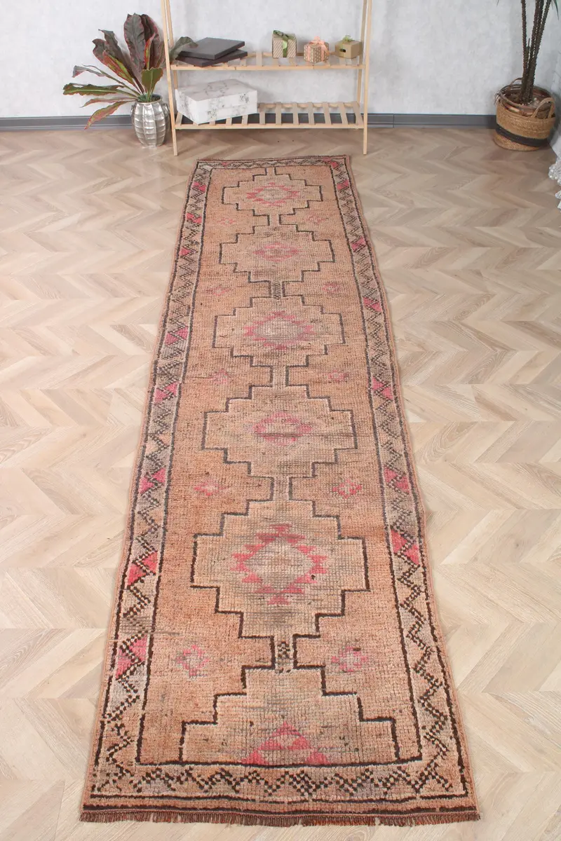 2.7x11 ft Vintage Türk Halısı, Yolluk Halısı, Kahverengi Herki Fas Halısı - 1