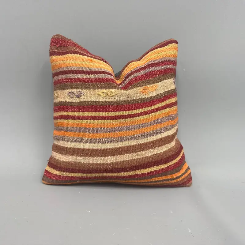 Almohada de lanzamiento Kilim vintage tejida a mano, almohada marrón y naranja a rayas
