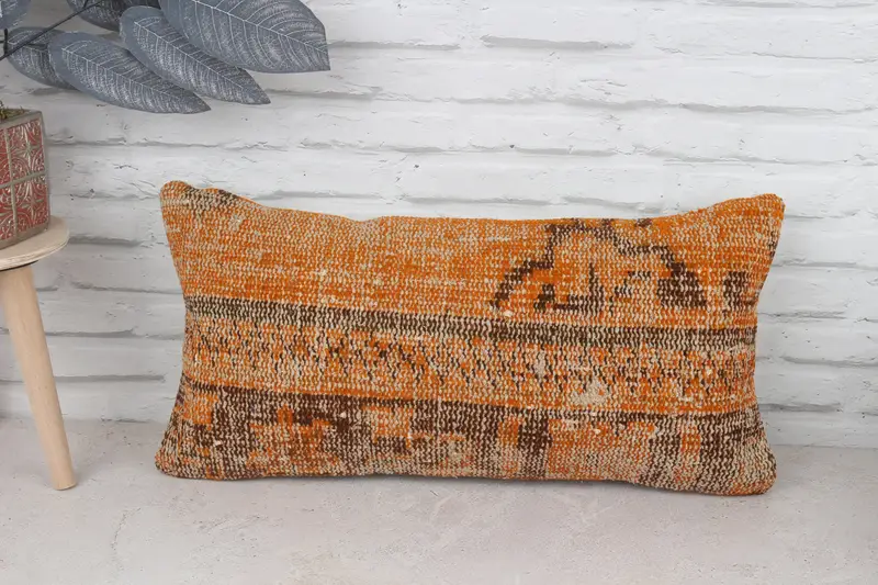 Vintage Kilim Pillow, Vintage Kilim Pillow Pillow Case, Cushion Cover, 12x24 Orange Pillow Case, Turkish Pillow, Pillow for Sofa - 1