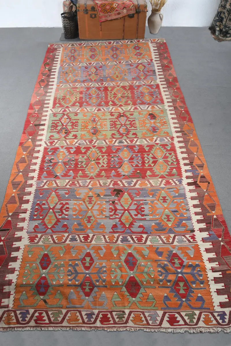 Turkish Vintage Rug 5.6x13.3 ft (170x405 cm), Kilim Red Solid Rug - 1