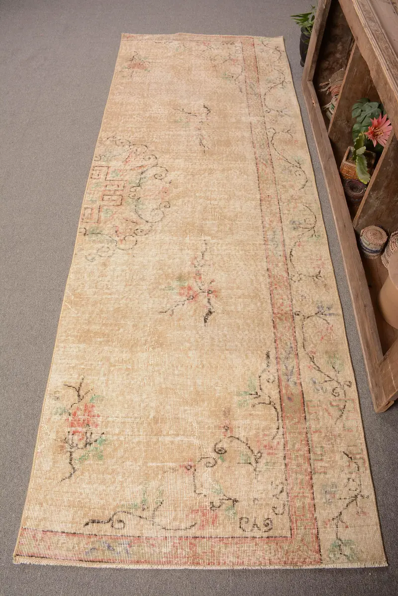 Elegant Beige & Black Rug, 3,2x9 ft Striped Geometric Design