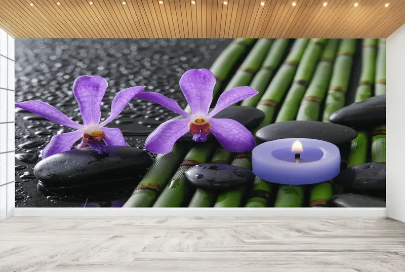 Elegante bedruckte Tapete: Lila Orchidee und Bambushain