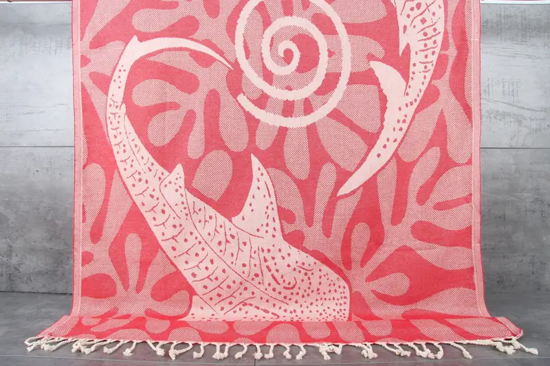 Red Fish Turkish Beach Towel, Organic Cotton Peshtemal, Beige, 40x71 Inches