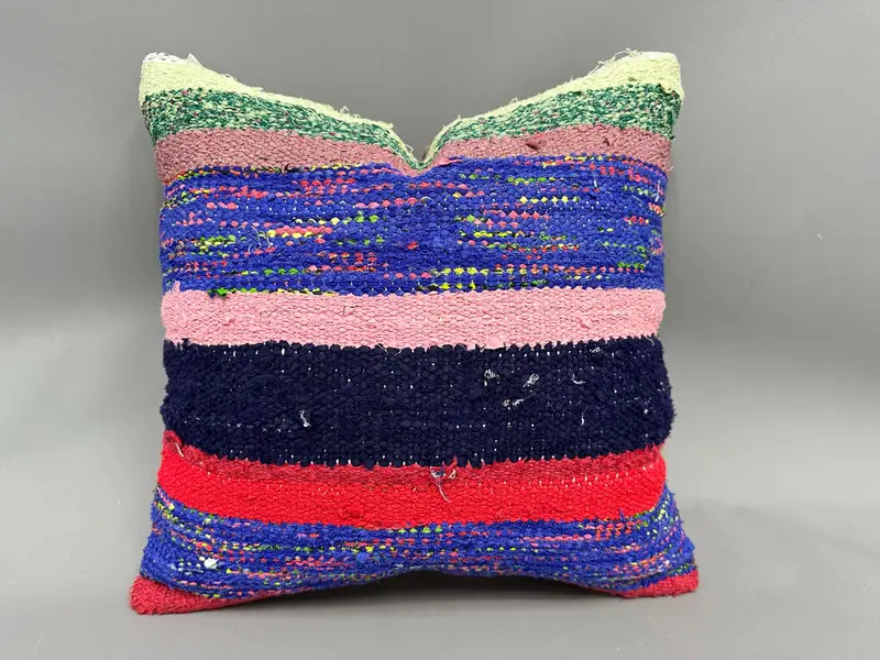 Vintage Pillow, Bolster Cushion Cover, Kilim Cushion Sham, 18x18 Blue Pillow Cover, Luxury Pillow, Vintage Kilim Pillow, Cushion Case - 1