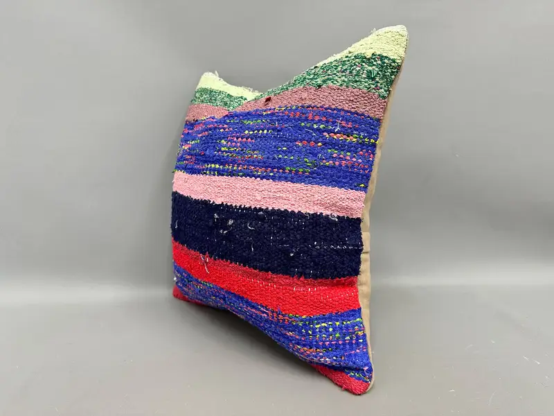 Vintage Pillow, Bolster Cushion Cover, Kilim Cushion Sham, 18x18 Blue Pillow Cover, Luxury Pillow, Vintage Kilim Pillow, Cushion Case - 3