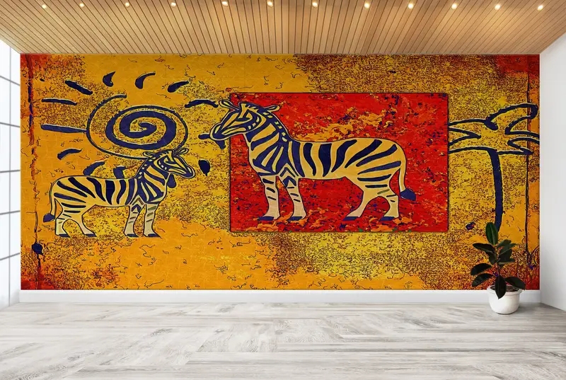 Modern Wall Paper, Ethnic Mural, Wall Paper Peel and Stick, Bright Wall Paper, African Landscape Wall Painting, , Safari Wall Paper, - 6