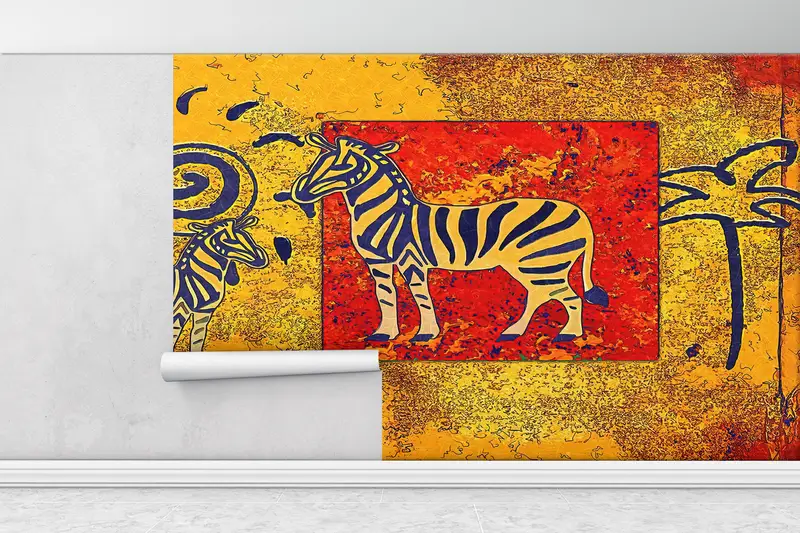 Modern Wall Paper, Ethnic Mural, Wall Paper Peel and Stick, Bright Wall Paper, African Landscape Wall Painting, , Safari Wall Paper, - 1