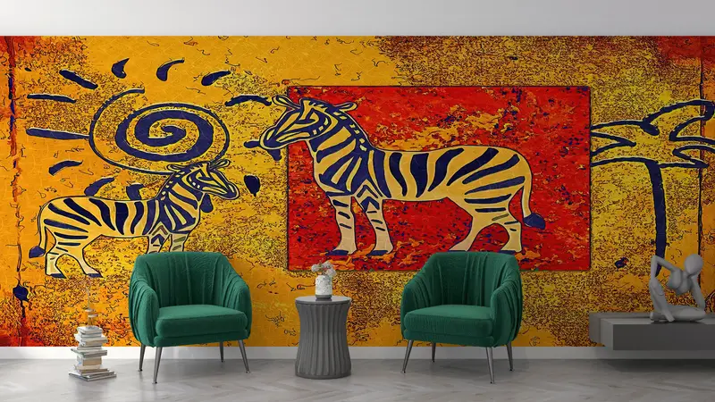 Modern Wall Paper, Ethnic Mural, Wall Paper Peel and Stick, Bright Wall Paper, African Landscape Wall Painting, , Safari Wall Paper, - 2