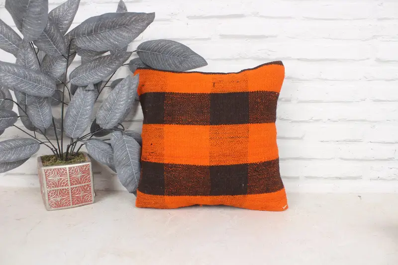 Antique Pillows, Bright Pillow, Boho Pillow, Pillow Cover, Handwoven Pillow Sham, 14x14 Orange Cushion Case, Vintage Pillow, Bed Pillow - 1
