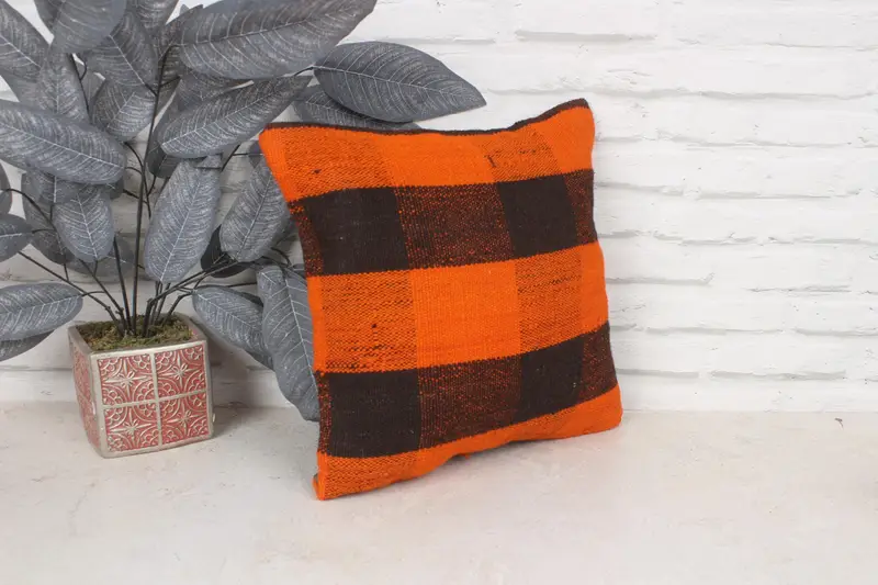 Antique Pillows, Bright Pillow, Boho Pillow, Pillow Cover, Handwoven Pillow Sham, 14x14 Orange Cushion Case, Vintage Pillow, Bed Pillow - 3