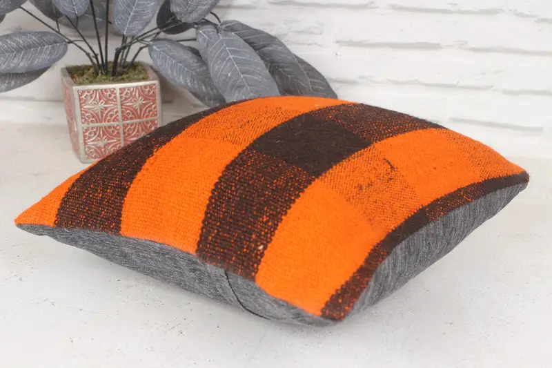 Antique Pillows, Bright Pillow, Boho Pillow, Pillow Cover, Handwoven Pillow Sham, 14x14 Orange Cushion Case, Vintage Pillow, Bed Pillow - 6