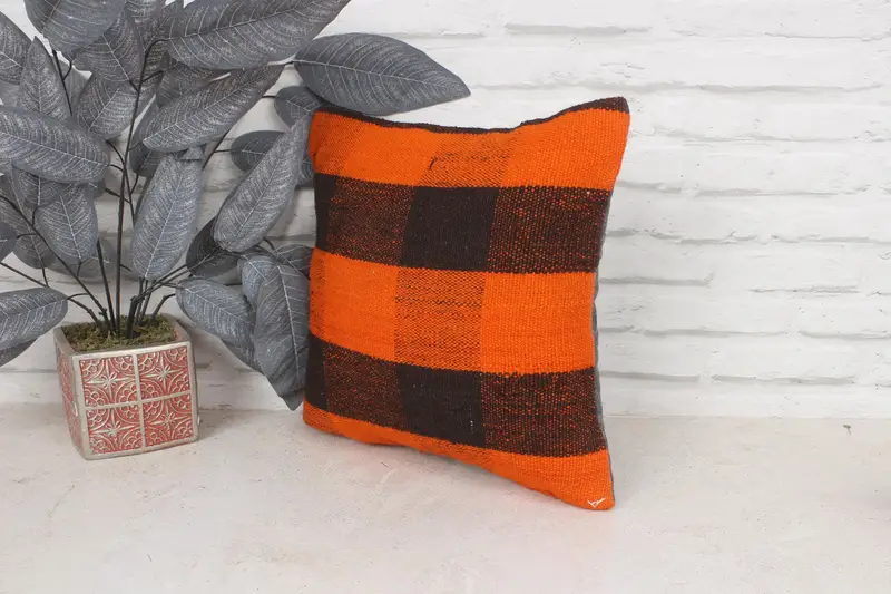 Antique Pillows, Bright Pillow, Boho Pillow, Pillow Cover, Handwoven Pillow Sham, 14x14 Orange Cushion Case, Vintage Pillow, Bed Pillow - 4