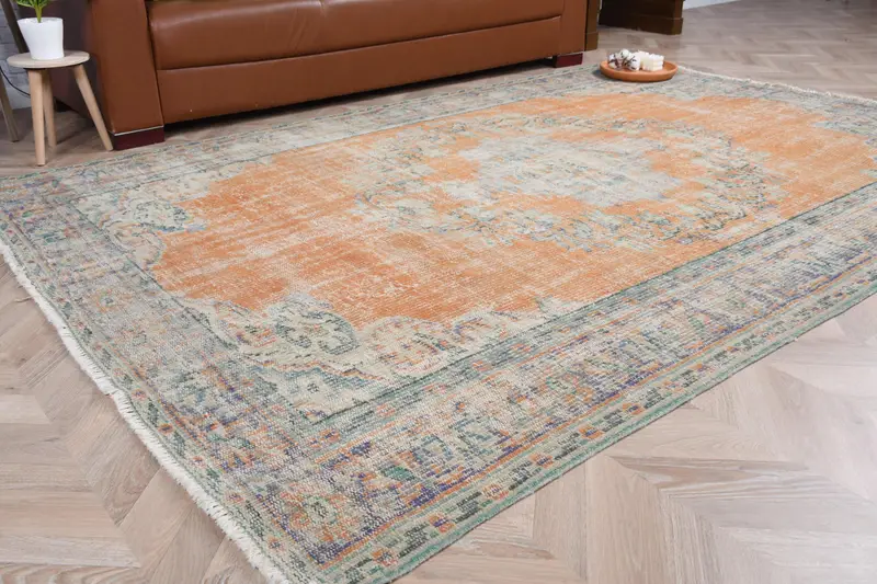 Türk Halısı, 5.8x8.7 ft Büyük Halı, Turuncu Mavi Oushak Yün Halı - 1