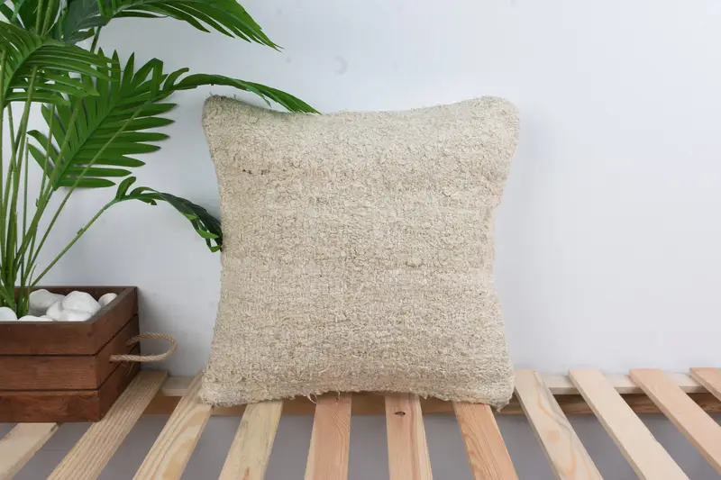 Kilim Rug Pillow Sham, Pillow for Couch, Knitted Pillow, Handmade Kilim Cushion, 16x16 Beige Cushion, Boho Pillow, Pillow Cover - 1