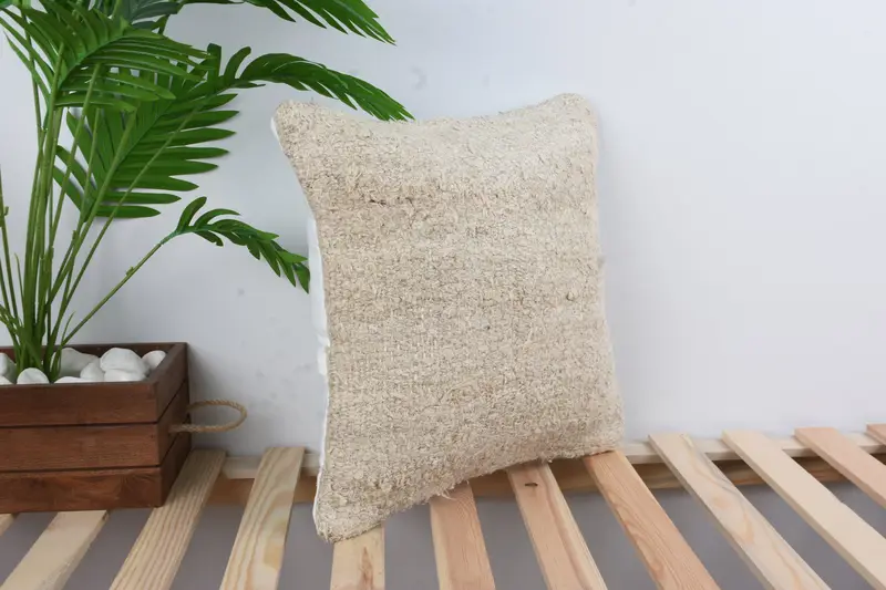 Kilim Rug Pillow Sham, Pillow for Couch, Knitted Pillow, Handmade Kilim Cushion, 16x16 Beige Cushion, Boho Pillow, Pillow Cover - 4