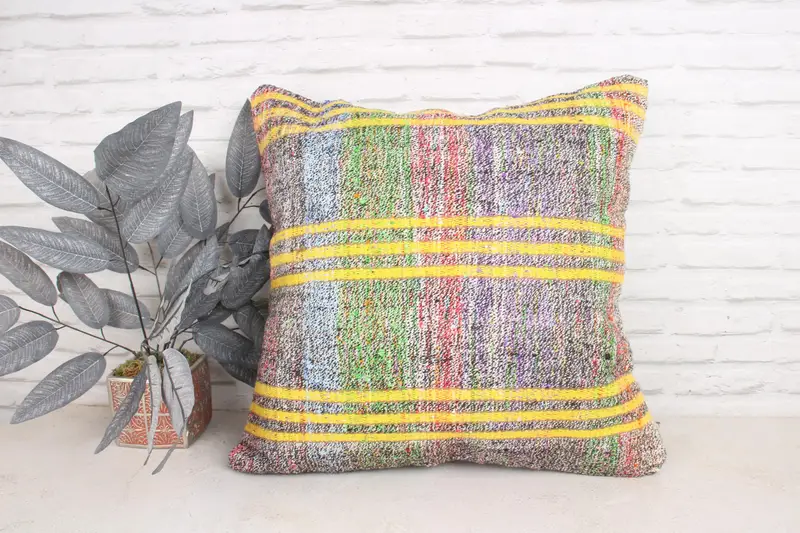 24x24 Yellow Cushion Cover, Decorative Bolster Cushion Case, Vintage Kilim Pillow, Natural Pillow Sham, Gift Pillow, Turkish Pillow, Pillow - 1