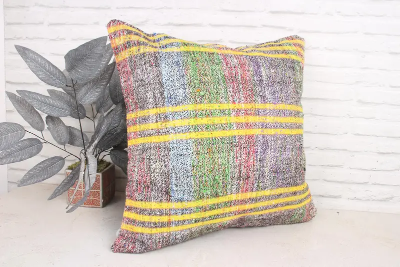 24x24 Yellow Cushion Cover, Decorative Bolster Cushion Case, Vintage Kilim Pillow, Natural Pillow Sham, Gift Pillow, Turkish Pillow, Pillow - 3