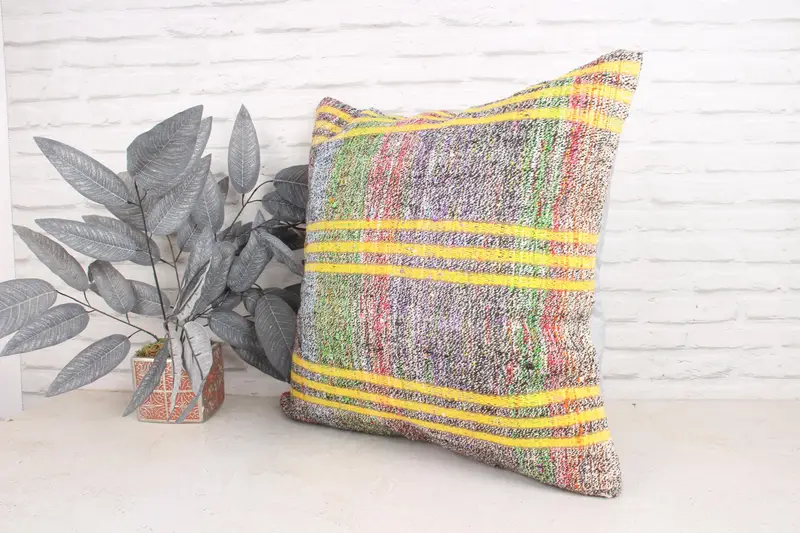 24x24 Yellow Cushion Cover, Decorative Bolster Cushion Case, Vintage Kilim Pillow, Natural Pillow Sham, Gift Pillow, Turkish Pillow, Pillow - 4