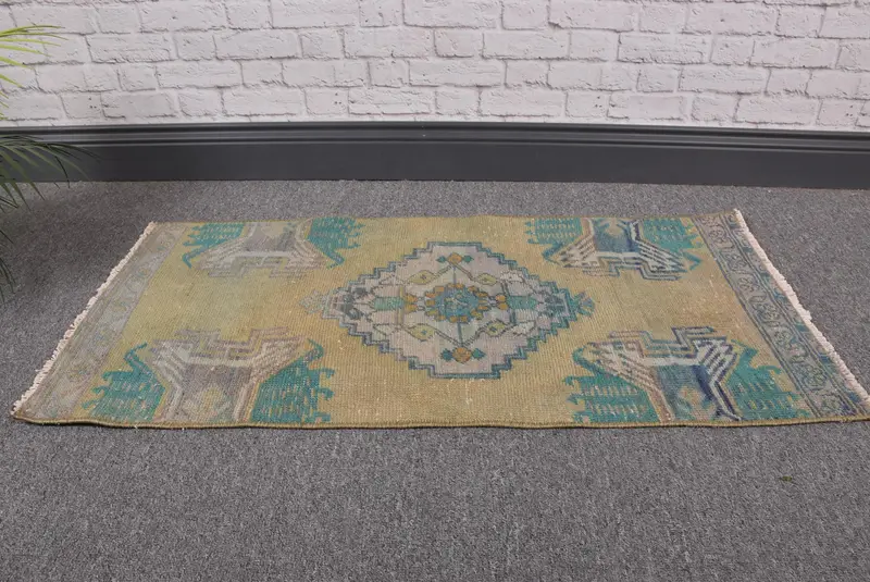1,4x2,9 ft Teppich, türkischer Vintage-Teppich, Oushak-Teppich mit blauem Rand - 1