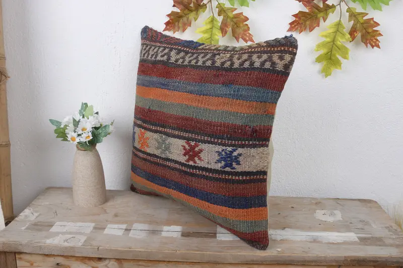 Kilim Cushion Sham, Meditation Pillow Case, Boho Pillow Sham Cover, Home Decor Pillow, Knitted Cushion Case, Cushion Case, 16x16 Red Pillow Cover - 4