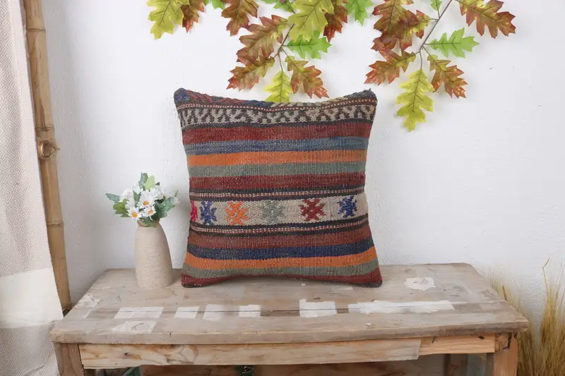 Kilim Cushion Sham, Meditation Pillow Case, Boho Pillow Sham Cover, Home Decor Pillow, Knitted Cushion Case, Cushion Case, 16x16 Red Pillow Cover - 1