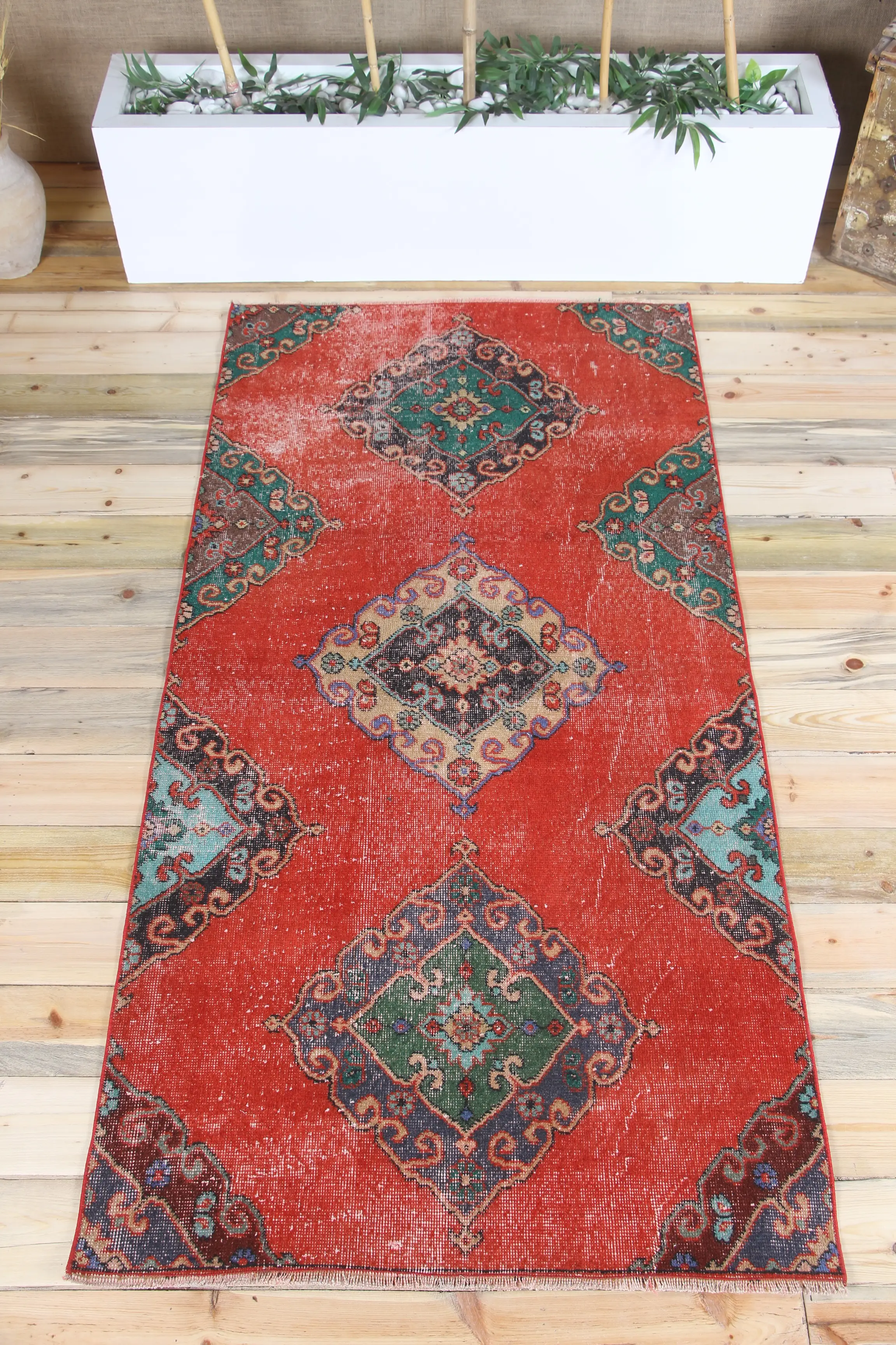 Vintage 3.4x6.9 ft Halı, Oushak Türk Halısı, Kırmızı Çiçekli Halı - 1
