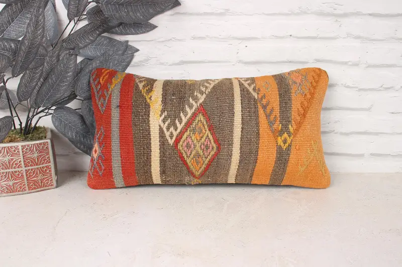Kilim Cushion Sham, Vintage Pillow, 10x20 Orange Pillow Sham, Vintage Kilim Throw Pillow, Pillow, Ethnic Pillow Cover Cushion - 1