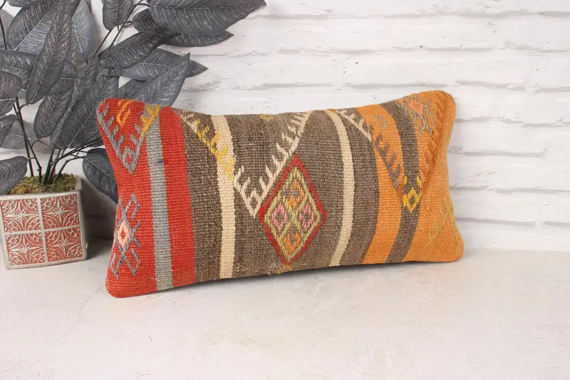 Kilim Cushion Sham, Vintage Pillow, 10x20 Orange Pillow Sham, Vintage Kilim Throw Pillow, Pillow, Ethnic Pillow Cover Cushion - 3