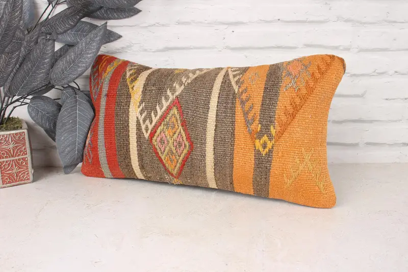 Kilim Cushion Sham, Vintage Pillow, 10x20 Orange Pillow Sham, Vintage Kilim Throw Pillow, Pillow, Ethnic Pillow Cover Cushion - 4