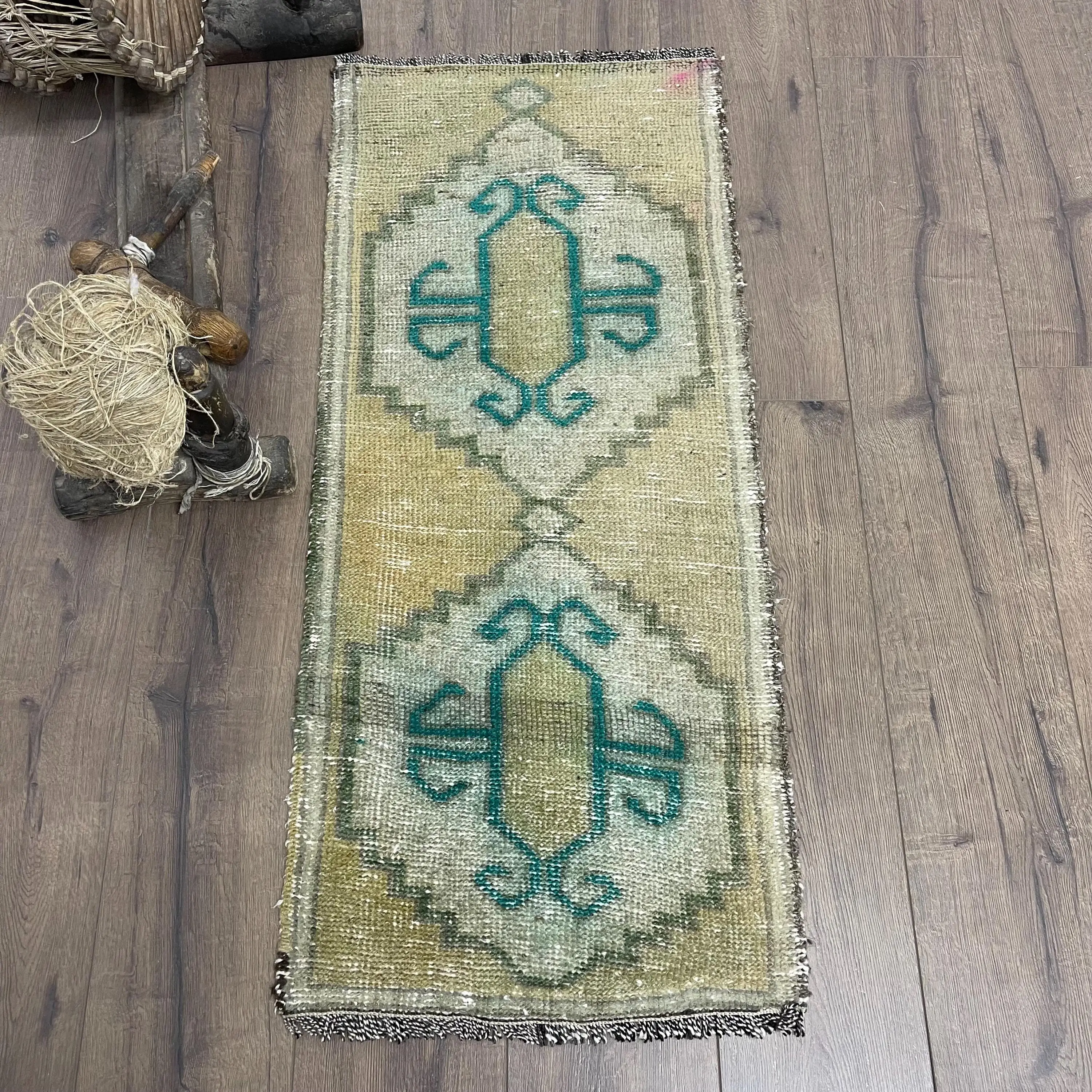 Rug, 1.6x3.7 ft Turkish Rug, Green Camouflage Rug Wool - 1
