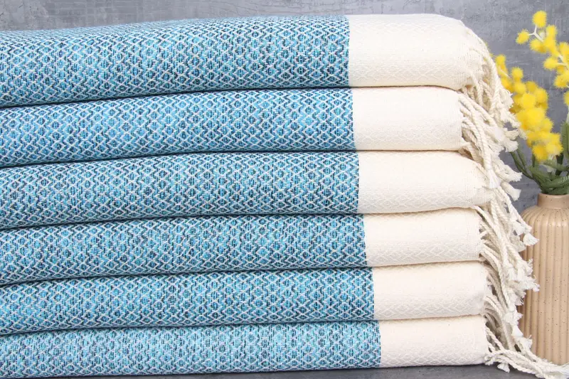 Turkish Hand Towel Organic Cotton Turquoise Beige, 20x40 Inches