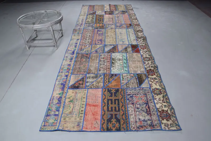 Turkish 4.2x12.4 ft Rug, Runner Vintage Rug, Blue Red Oriental Wool Rug - 1
