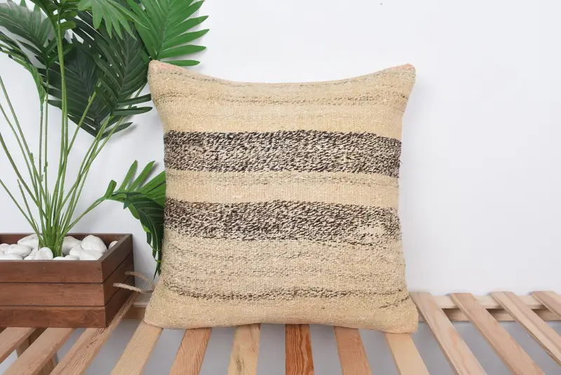 Kilim Pillow, Pillow Case, Living Room Throw Pillow Case, Ethnical Kilim Rug Pillow, Kilim Pillow Cover, 20x20 Beige Cushion Case - 1