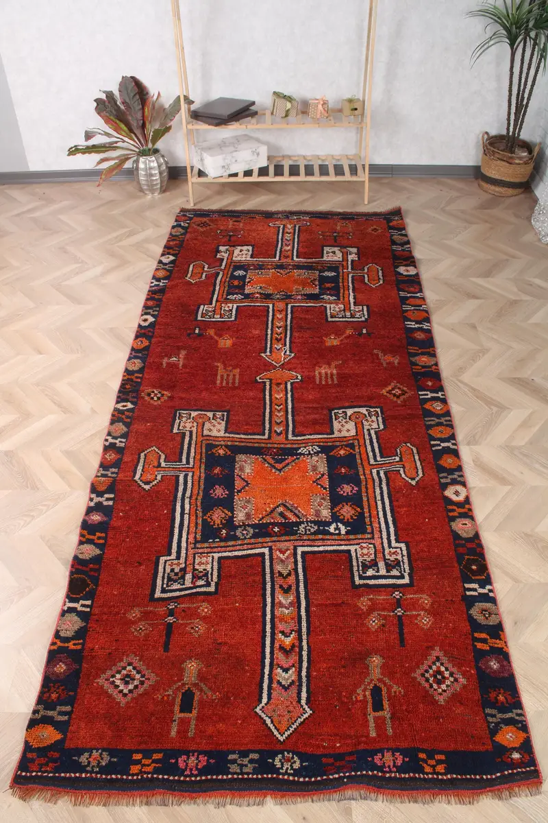 Vintage Herki Großer Teppich 4,1x9,9 ft (126x302 cm), türkischer roter Patchwork-Wollteppich - 1