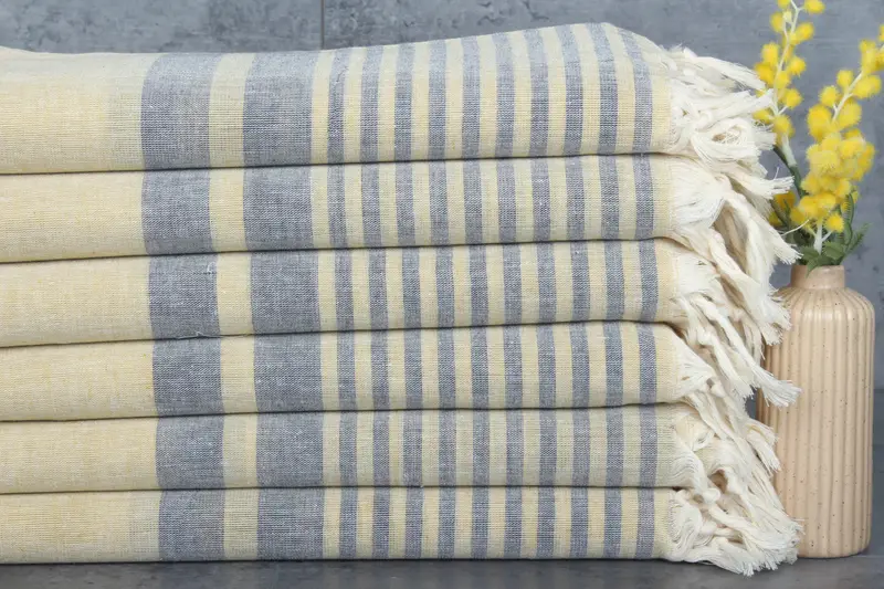 Dark Navy-Mustard Yoga Towel, Striped Turkish Beach Towel, 40x71 Inches