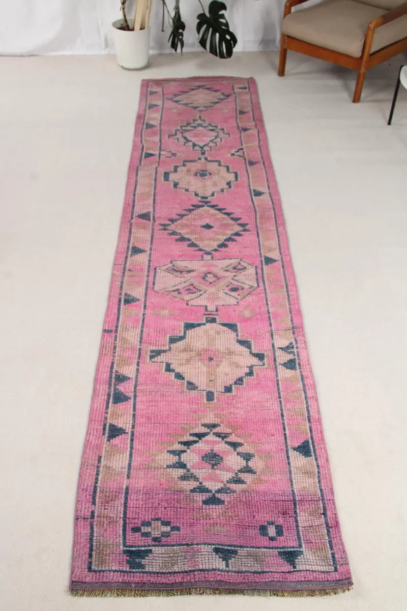 Turkish Herki Rug 2.6x11.5 ft, Pink Blue Oriental Wool Vintage Rug - 1