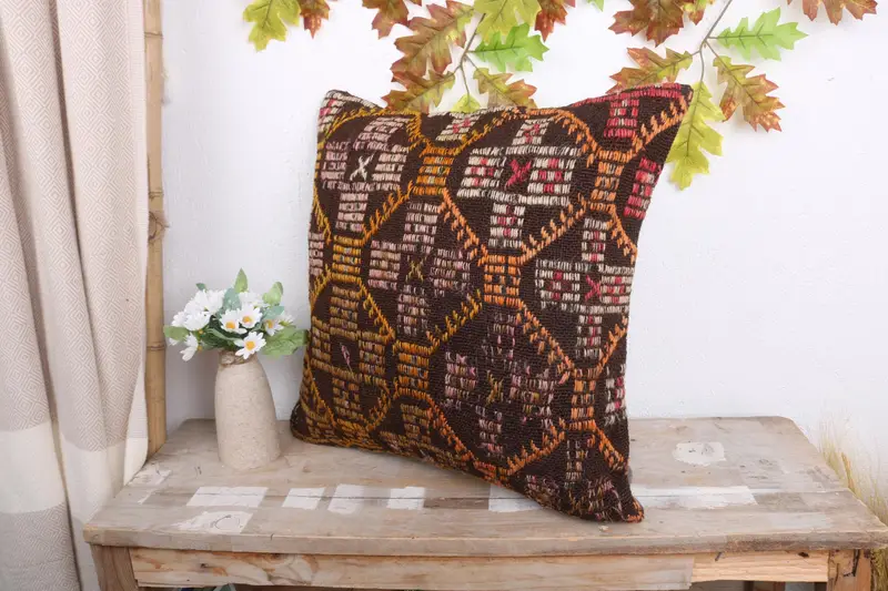 Anatolian Cushion Case, Pillow Cover, Vintage Kilim Throw Pillow, 18x18 Yellow Pillow Cover, Interior Designer Pillow, Handmade Kilim Cushion - 4