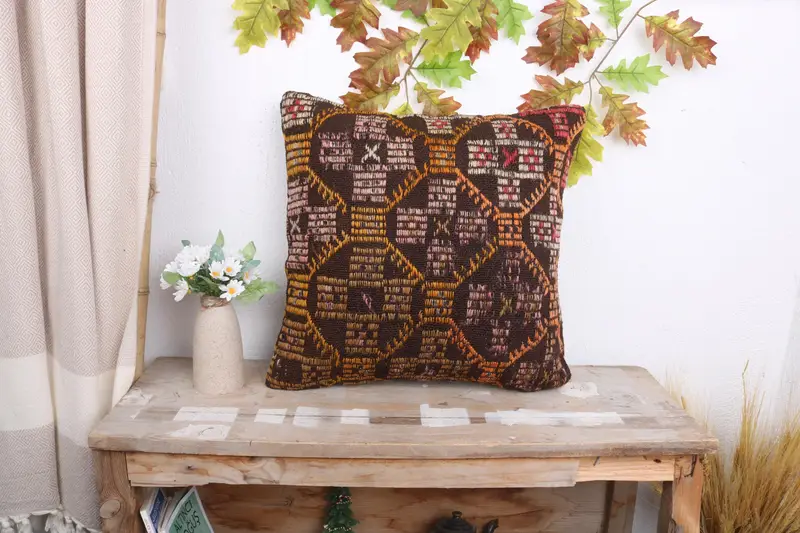 Anatolian Cushion Case, Pillow Cover, Vintage Kilim Throw Pillow, 18x18 Yellow Pillow Cover, Interior Designer Pillow, Handmade Kilim Cushion - 1