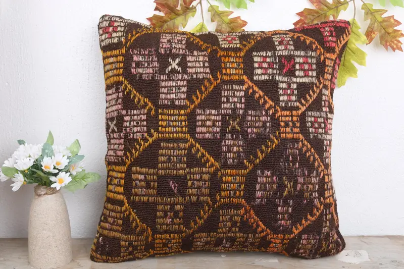 Anatolian Cushion Case, Pillow Cover, Vintage Kilim Throw Pillow, 18x18 Yellow Pillow Cover, Interior Designer Pillow, Handmade Kilim Cushion - 2