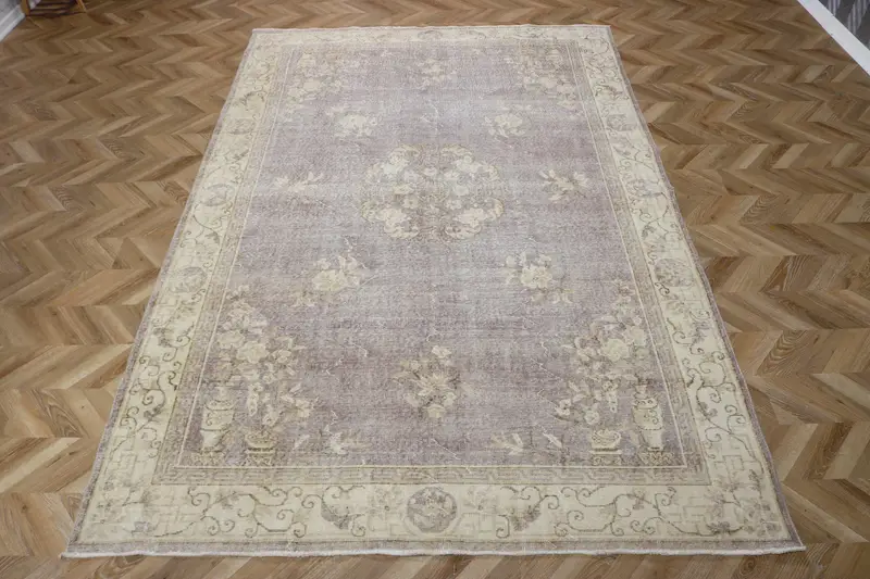 6.5x10.4 ft Oushak Rug, Vintage Turkish Rug, Gray White Plants & trees Rug - 1