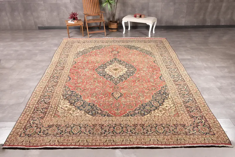 Türk 9x12.8 ft Halı, Büyük Boy Vintage Halı, Kırmızı Mavi Oryantal Halı - 1