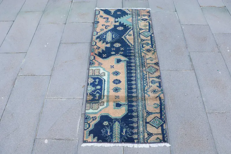 Vintage Turkish Small Rug 1.9x4.8 ft, Blue Brown Bordered Rug - 1