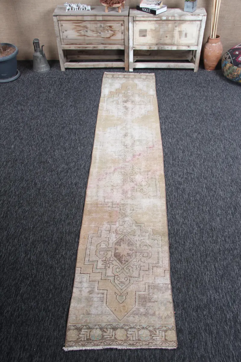 1.9x9.8 ft Turkish Rug, Oushak Rug, Brown Geometric Rug Wool - 1