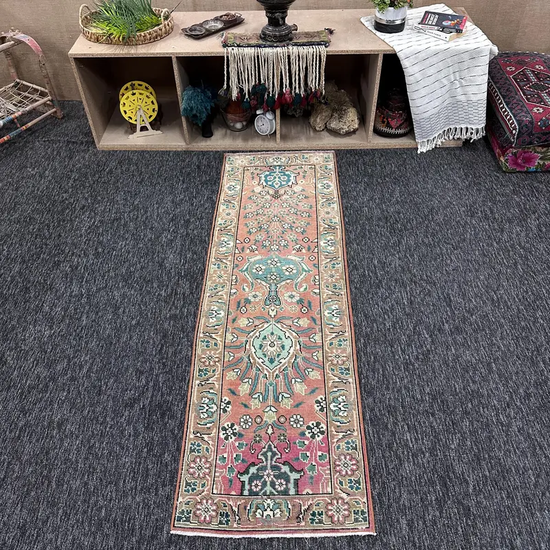 1.9x6.2 ft Runner Vintage Turkish Rug, Red Solid Wool Rug - 1