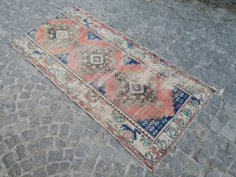 3x6.2 ft Accent Vintage Turkish Rug, Red Solid Wool Rug - 1