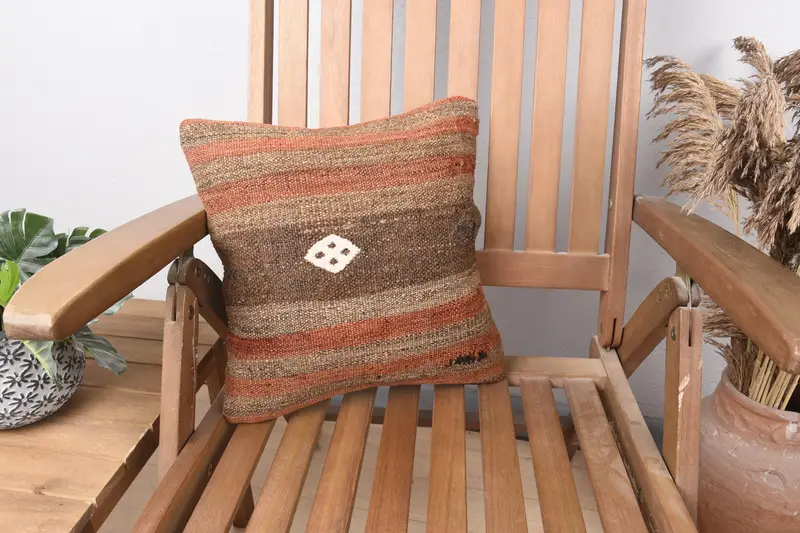 Throw Kilim Pillow, Pillow Sham, 14x14 Orange Pillow, Pillow for Sofa, Floor Cushion Cover, Hippie Throw Pillow Case, Boho Pillow - 1