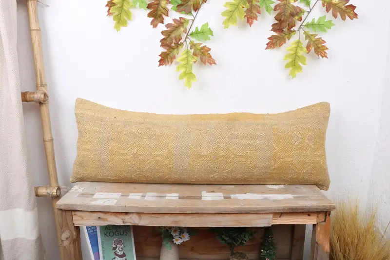 Turkish Kilim Pillow, Pillow for Couch, Handmade Kilim Cushion, 12x36 Beige Pillow Cover, Natural Pillow Case, Pillow, Aztec Cushion Cover - 1