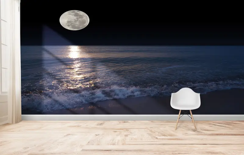 Basılı Duvar Kağıdı: Deniz, Ay ve Dolunay Gece Manzarası
